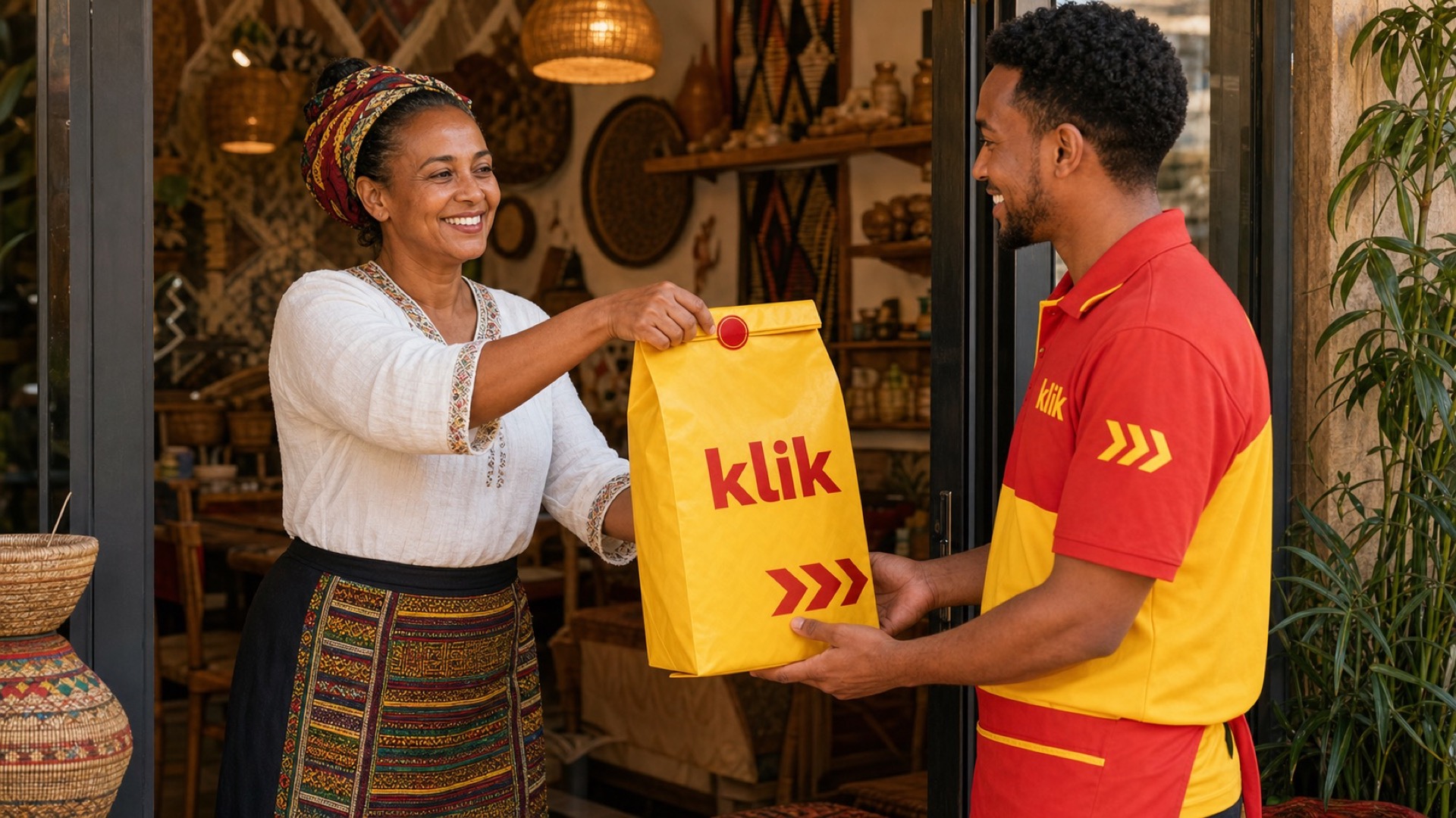 A shopkeeper preparing a klik order in Addis Ababa